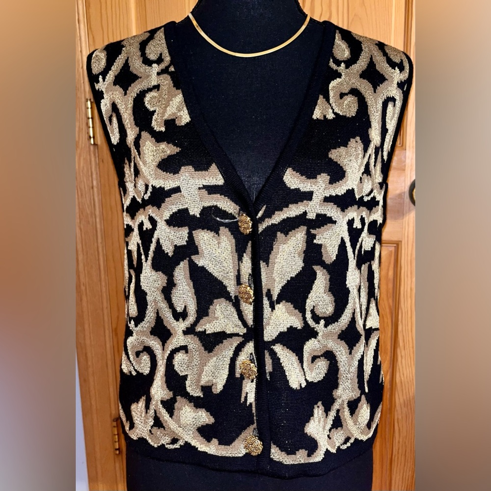 Peter Nygard Sweater Vest S 4-6 Black Gold Metallic Damask Wool Blend Glam VTG